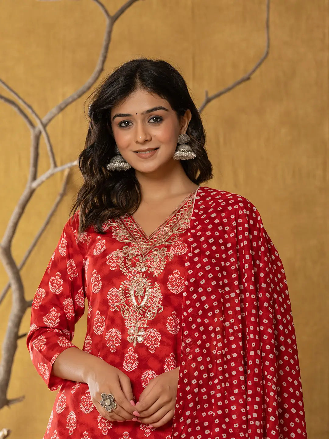 Yufta Red Cotton Zari Work Straight Kurta Dupatta Set | Grocsy