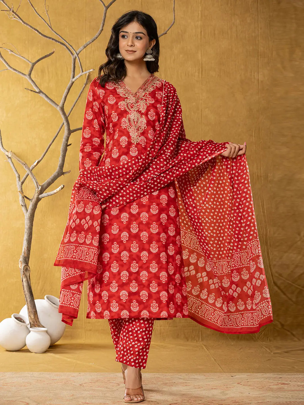 Yufta Red Cotton Zari Work Straight Kurta Dupatta Set | Grocsy
