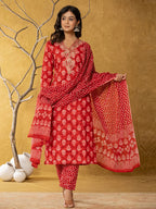 Yufta Red Cotton Zari Work Straight Kurta Dupatta Set | Grocsy