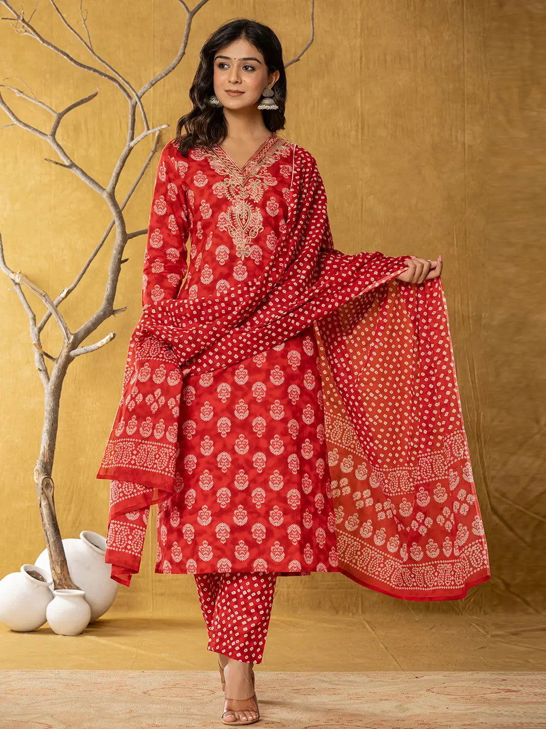 Yufta Red Cotton Zari Work Straight Kurta Dupatta Set | Grocsy