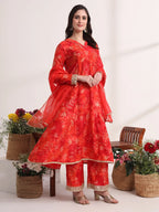 Yufta Red Ethnic Motifs Lace Work Anarkali Kurta And Trouser With Dupatta Set | Grocsy