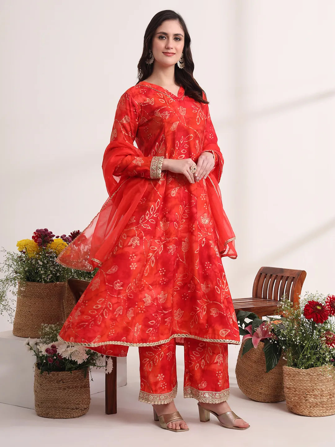 Yufta Red Ethnic Motifs Lace Work Anarkali Kurta And Trouser With Dupatta Set | Grocsy