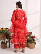 Yufta Red Ethnic Motifs Lace Work Anarkali Kurta And Trouser With Dupatta Set | Grocsy