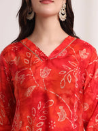 Yufta Red Ethnic Motifs Lace Work Anarkali Kurta And Trouser With Dupatta Set | Grocsy