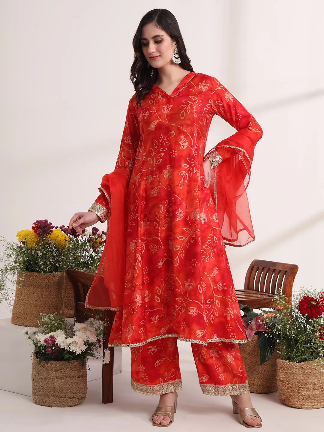 Yufta Red Ethnic Motifs Lace Work Anarkali Kurta And Trouser With Dupatta Set | Grocsy