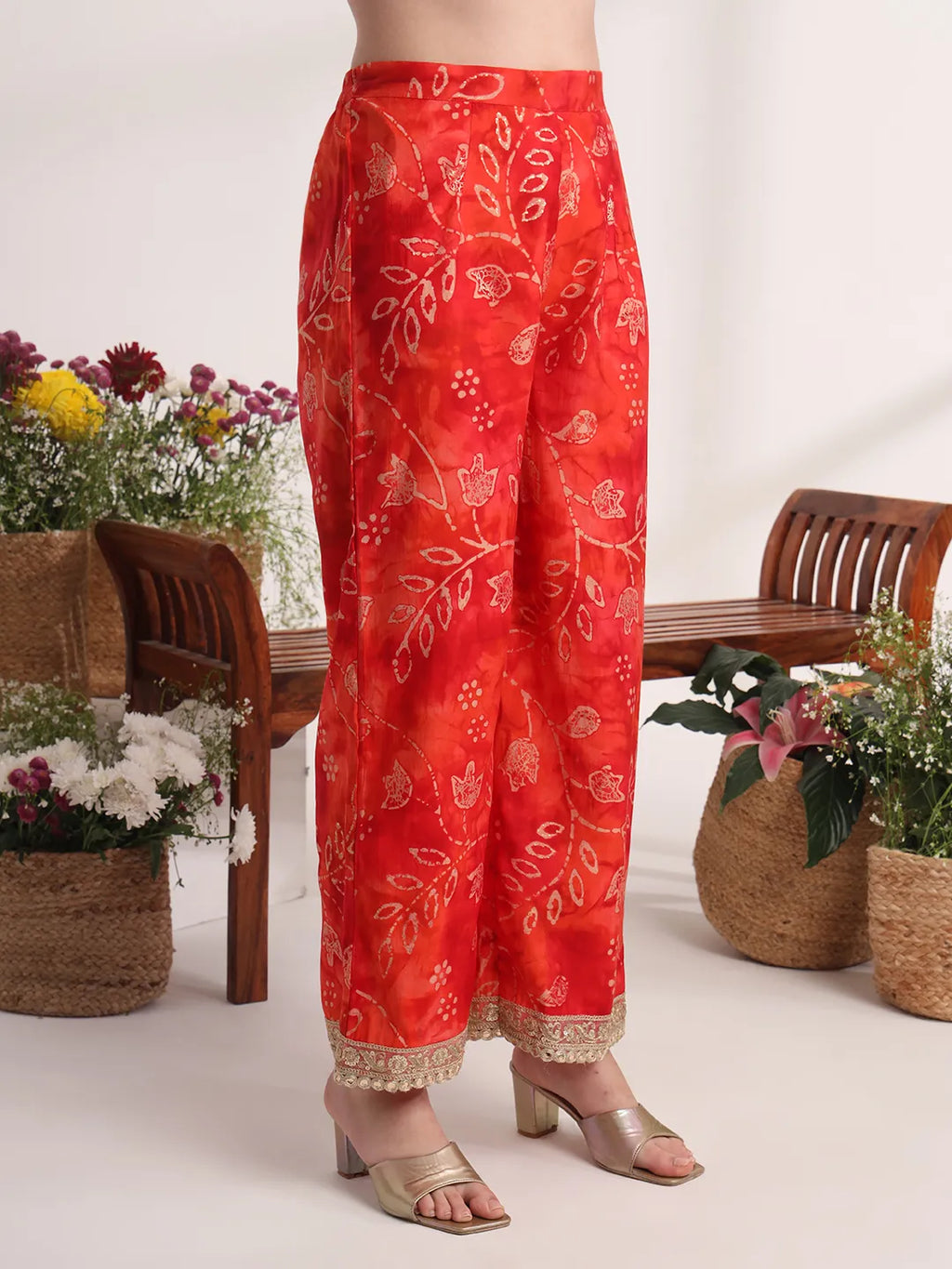 Yufta Red Ethnic Motifs Lace Work Anarkali Kurta And Trouser With Dupatta Set | Grocsy