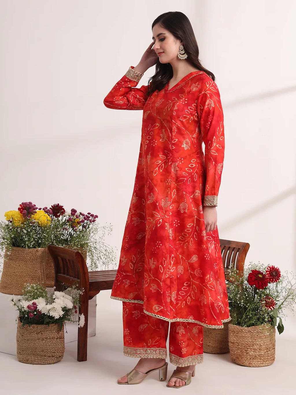 Yufta Red Ethnic Motifs Lace Work Anarkali Kurta And Trouser With Dupatta Set | Grocsy