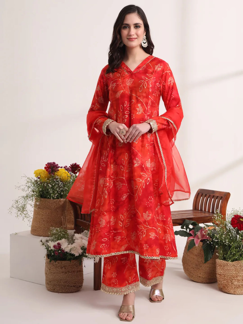 Yufta Red Ethnic Motifs Lace Work Anarkali Kurta And Trouser With Dupatta Set | Grocsy