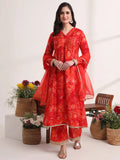 Yufta Red Ethnic Motifs Lace Work Anarkali Kurta And Trouser With Dupatta Set | Grocsy