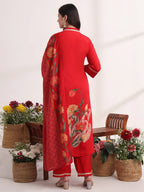 Yufta Red Floral Lace Work Straight Kurta And Trouser With Dupatta Set | Grocsy