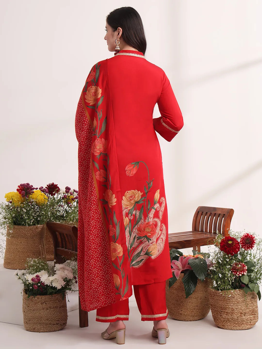 Yufta Red Floral Lace Work Straight Kurta And Trouser With Dupatta Set | Grocsy