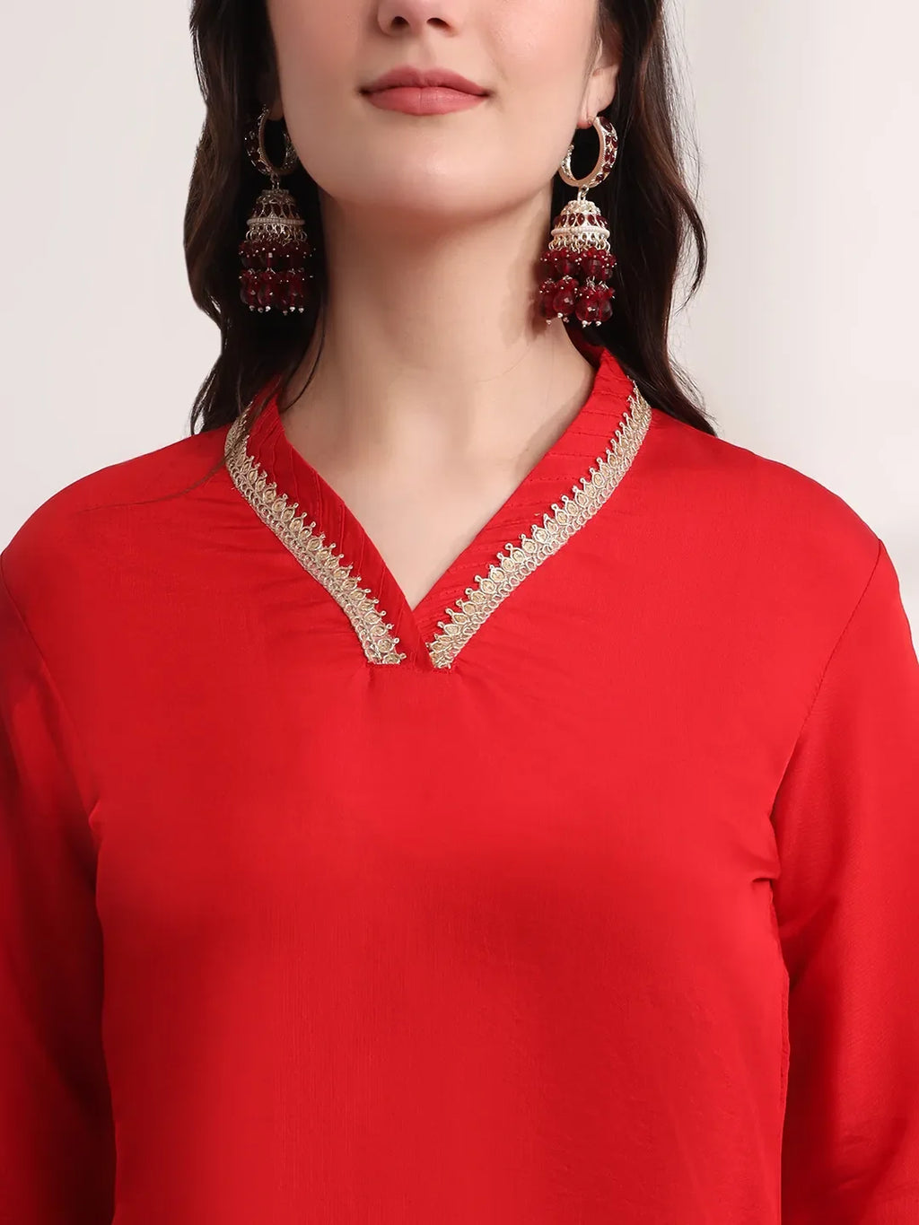 Yufta Red Floral Lace Work Straight Kurta And Trouser With Dupatta Set | Grocsy