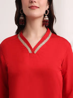Yufta Red Floral Lace Work Straight Kurta And Trouser With Dupatta Set | Grocsy