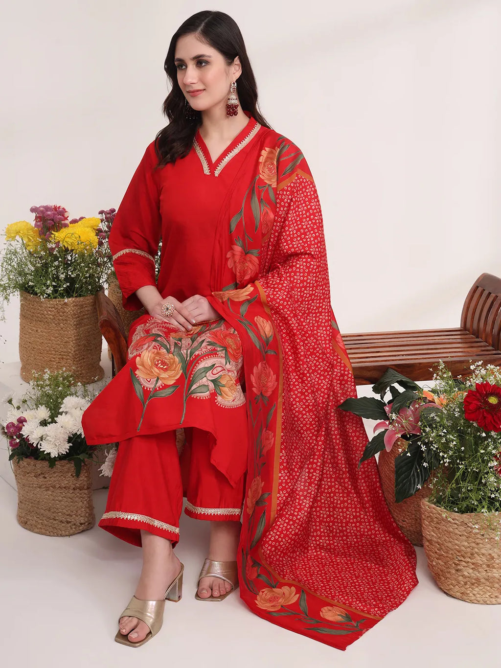 Yufta Red Floral Lace Work Straight Kurta And Trouser With Dupatta Set | Grocsy