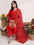 Yufta Red Floral Lace Work Straight Kurta And Trouser With Dupatta Set | Grocsy