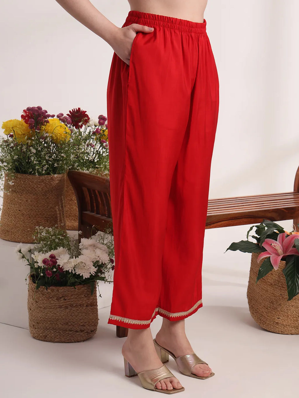 Yufta Red Floral Lace Work Straight Kurta And Trouser With Dupatta Set | Grocsy