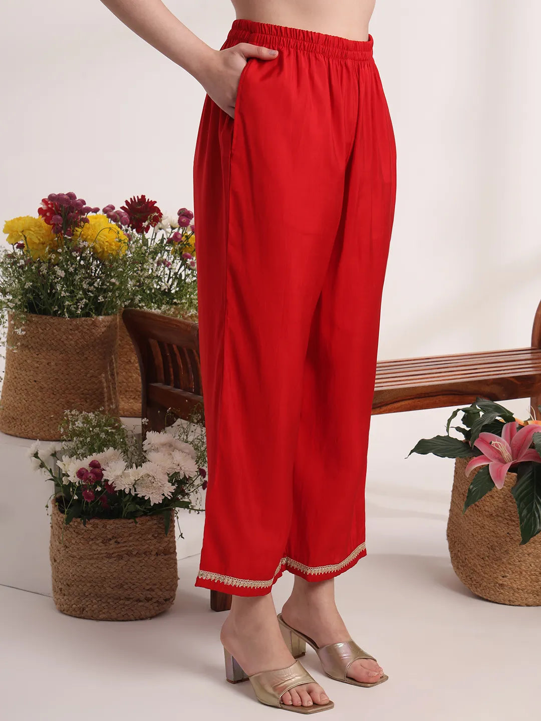 Yufta Red Floral Lace Work Straight Kurta And Trouser With Dupatta Set | Grocsy