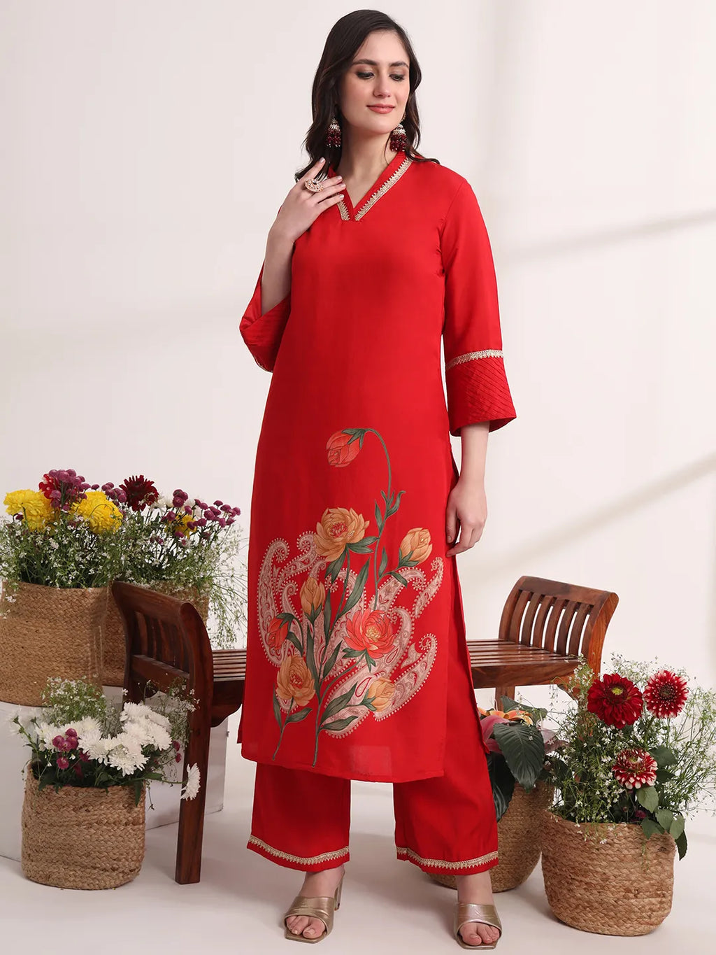 Yufta Red Floral Lace Work Straight Kurta And Trouser With Dupatta Set | Grocsy