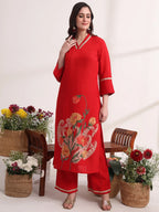 Yufta Red Floral Lace Work Straight Kurta And Trouser With Dupatta Set | Grocsy