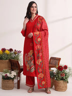 Yufta Red Floral Lace Work Straight Kurta And Trouser With Dupatta Set | Grocsy