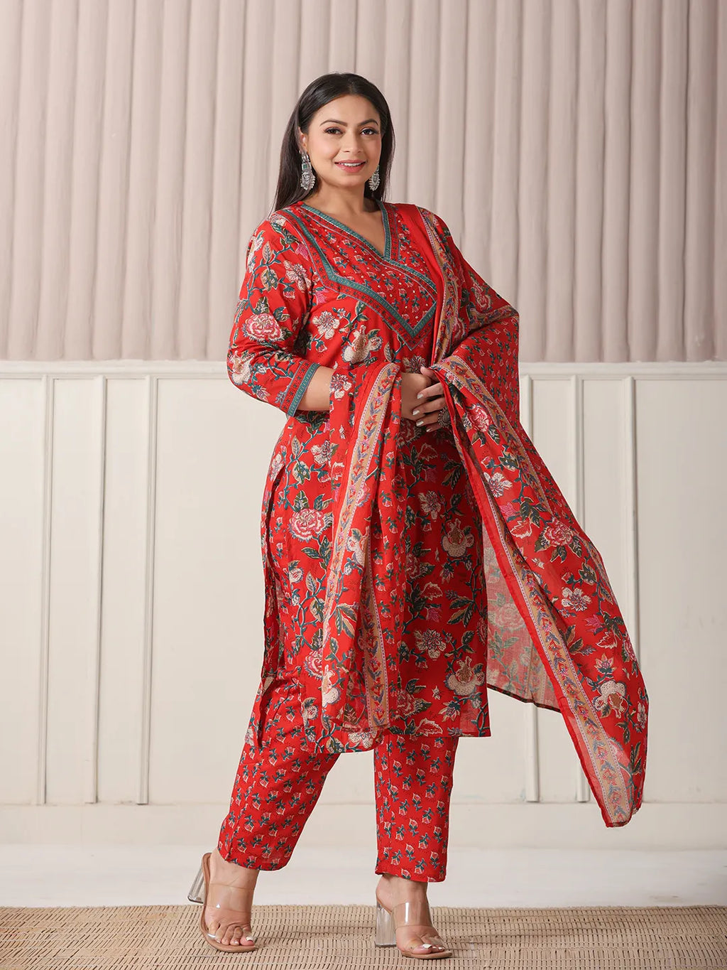 Yufta Red Floral Print Cotton Cutdana Work Plus Size Kurta Set With Pant & Dupatta | Grocsy