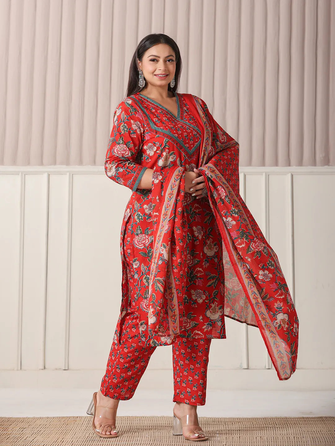 Yufta Red Floral Print Cotton Cutdana Work Plus Size Kurta Set With Pant & Dupatta | Grocsy