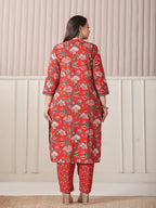 Yufta Red Floral Print Cotton Cutdana Work Plus Size Kurta Set With Pant & Dupatta | Grocsy