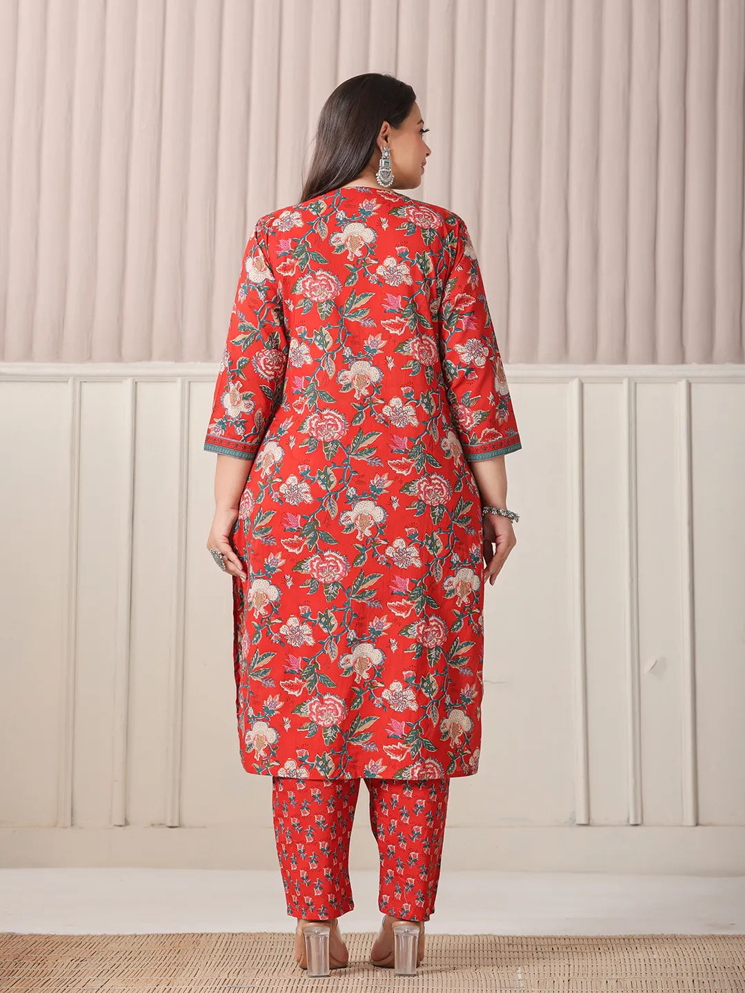 Yufta Red Floral Print Cotton Cutdana Work Plus Size Kurta Set With Pant & Dupatta | Grocsy