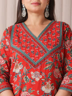 Yufta Red Floral Print Cotton Cutdana Work Plus Size Kurta Set With Pant & Dupatta | Grocsy