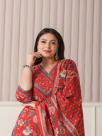 Yufta Red Floral Print Cotton Cutdana Work Plus Size Kurta Set With Pant & Dupatta | Grocsy