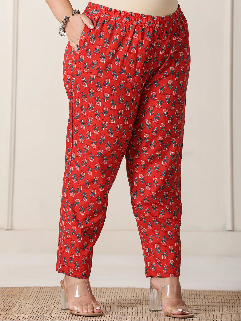 Yufta Red Floral Print Cotton Cutdana Work Plus Size Kurta Set With Pant & Dupatta | Grocsy