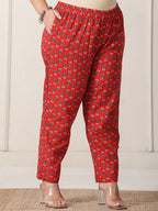 Yufta Red Floral Print Cotton Cutdana Work Plus Size Kurta Set With Pant & Dupatta | Grocsy