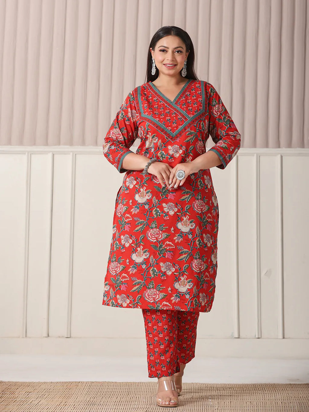 Yufta Red Floral Print Cotton Cutdana Work Plus Size Kurta Set With Pant & Dupatta | Grocsy