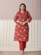 Yufta Red Floral Print Cotton Cutdana Work Plus Size Kurta Set With Pant & Dupatta | Grocsy