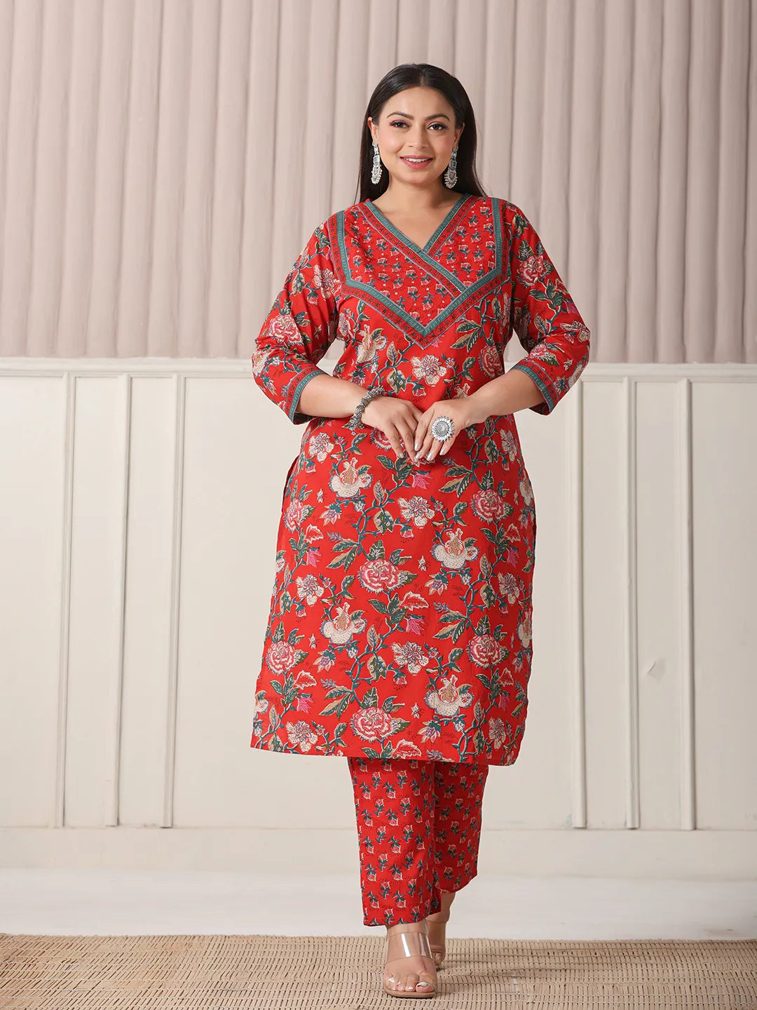 Yufta Red Floral Print Cotton Cutdana Work Plus Size Kurta Set With Pant & Dupatta | Grocsy