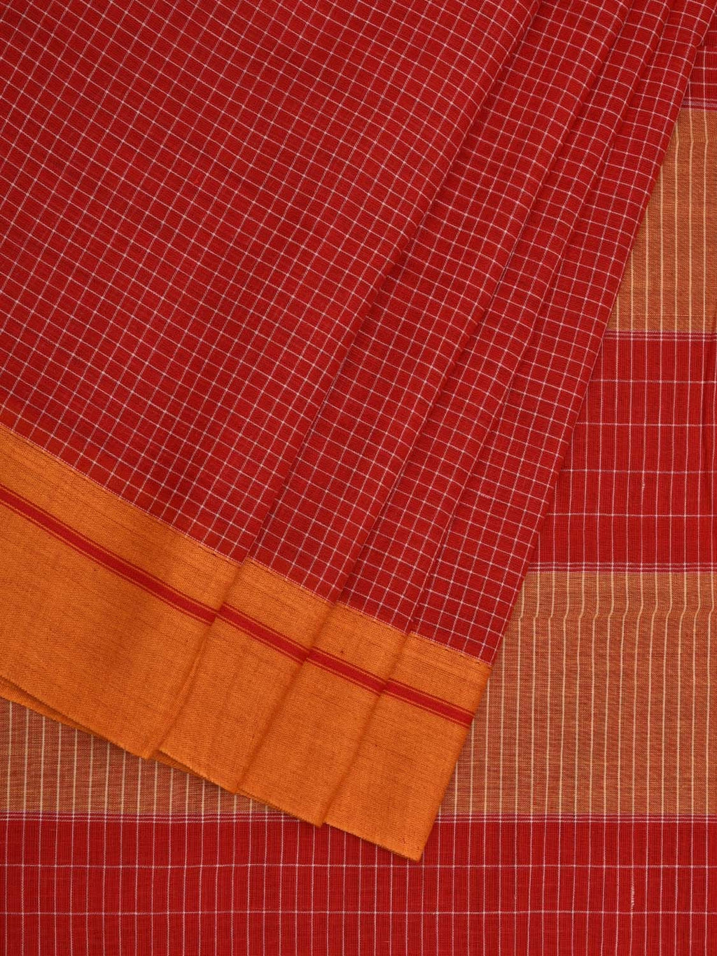 Red ilkal Cotton Handloom Saree with Checks Design No Blouse - Global Threads | Grocsy