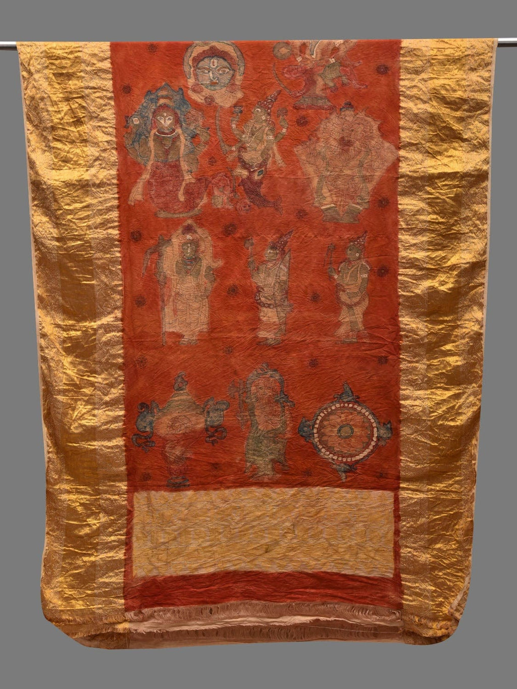 Red Kalamkari Hand Painted Kanchipuram Silk Handloom Dupatta with Dashavatar Design - Global Threads | Grocsy