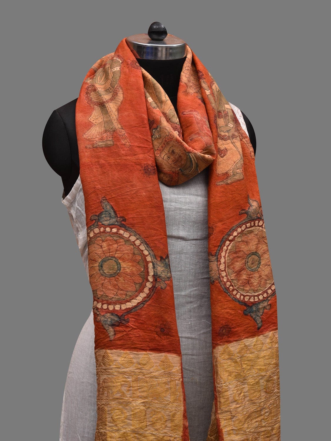 Red Kalamkari Hand Painted Kanchipuram Silk Handloom Dupatta with Dashavatar Design - Global Threads | Grocsy