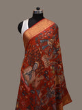 Red Kalamkari Hand Painted Kanchipuram Silk Handloom Dupatta with Dashavatar Design - Global Threads | Grocsy