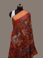 Red Kalamkari Hand Painted Kanchipuram Silk Handloom Dupatta with Dashavatar Design - Global Threads | Grocsy