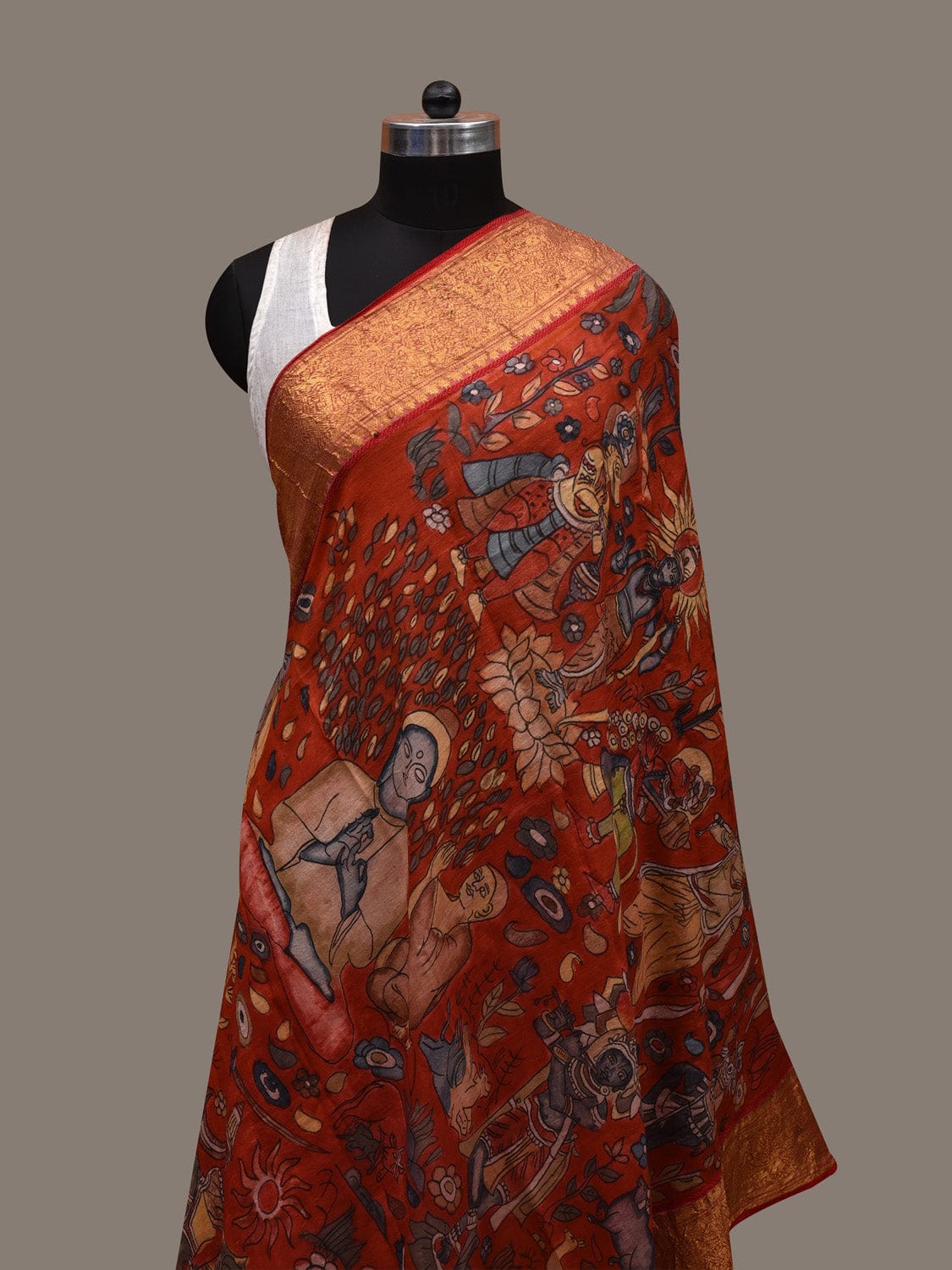 Red Kalamkari Hand Painted Kanchipuram Silk Handloom Dupatta with Dashavatar Design - Global Threads | Grocsy