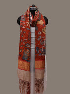 Red Kalamkari Hand Painted Kanchipuram Silk Handloom Dupatta with Dashavatar Design - Global Threads | Grocsy