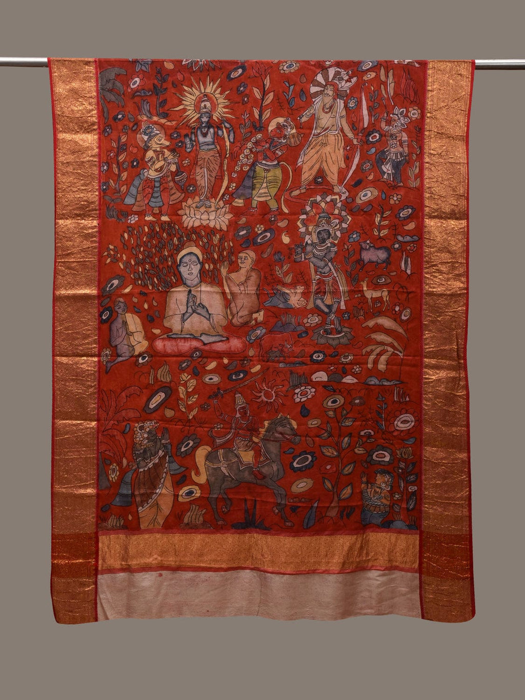 Red Kalamkari Hand Painted Kanchipuram Silk Handloom Dupatta with Dashavatar Design - Global Threads | Grocsy