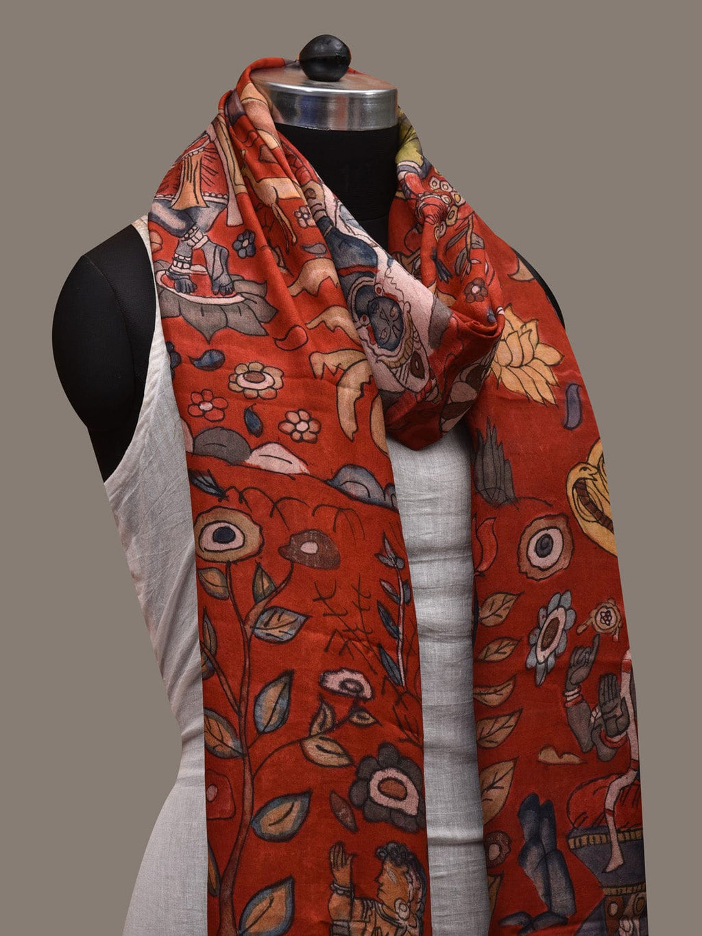Red Kalamkari Hand Painted Kanchipuram Silk Handloom Dupatta with Dashavatar Design - Global Threads | Grocsy