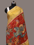 Red Kalamkari Hand Painted Kanchipuram Silk Handloom Dupatta with Krishna Design - Global Threads | Grocsy