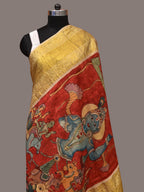 Red Kalamkari Hand Painted Kanchipuram Silk Handloom Dupatta with Krishna Design - Global Threads | Grocsy