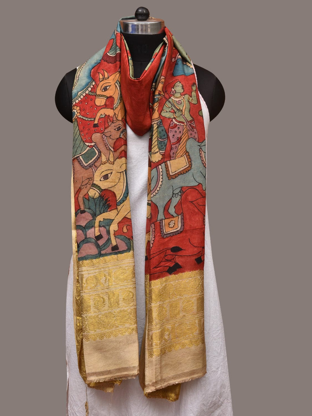 Red Kalamkari Hand Painted Kanchipuram Silk Handloom Dupatta with Krishna Design - Global Threads | Grocsy