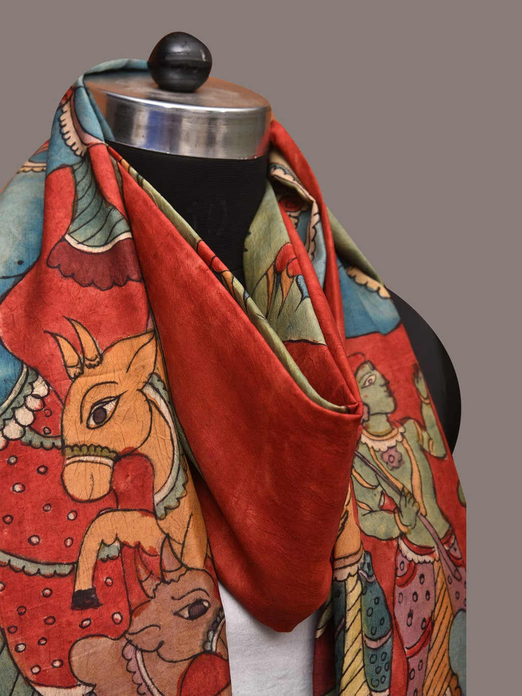 Red Kalamkari Hand Painted Kanchipuram Silk Handloom Dupatta with Krishna Design - Global Threads | Grocsy