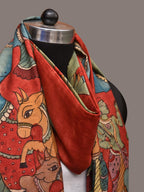Red Kalamkari Hand Painted Kanchipuram Silk Handloom Dupatta with Krishna Design - Global Threads | Grocsy