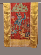 Red Kalamkari Hand Painted Kanchipuram Silk Handloom Dupatta with Krishna Design - Global Threads | Grocsy